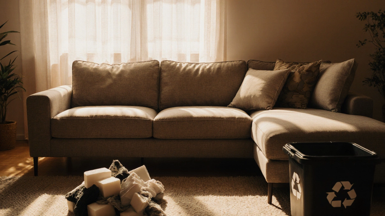 A cozy living room with freshly reupholstered cushions, soft lighting and a hint of recycled foam.