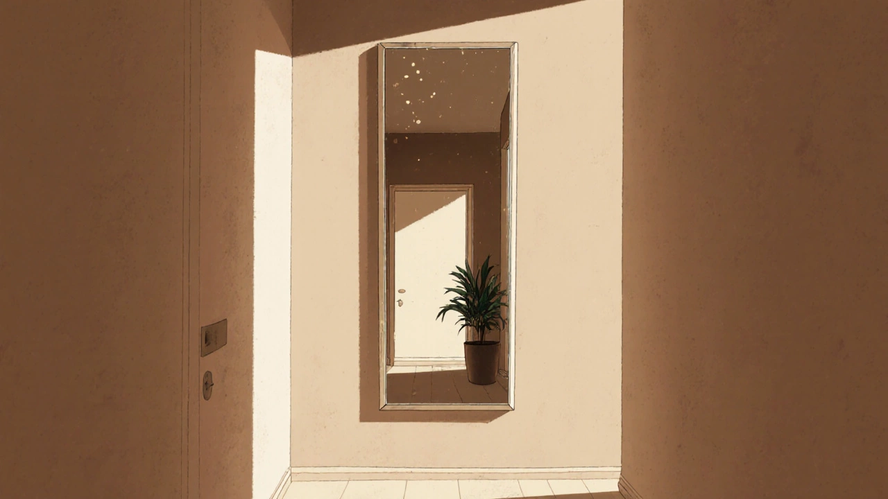 A long hallway with a large mirror reflecting a doorway and plant, enhancing spatial depth.