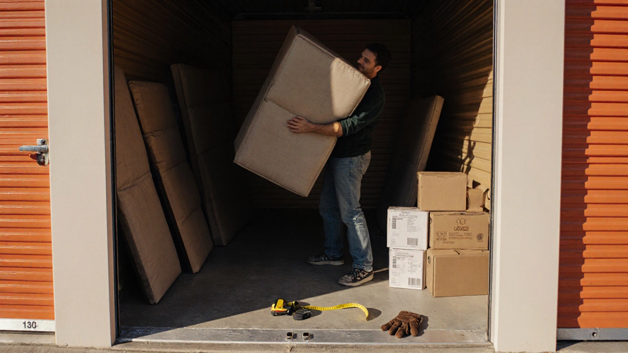 A person tilting a sectional couch piece upright in a storage unit with crates and tools nearby.