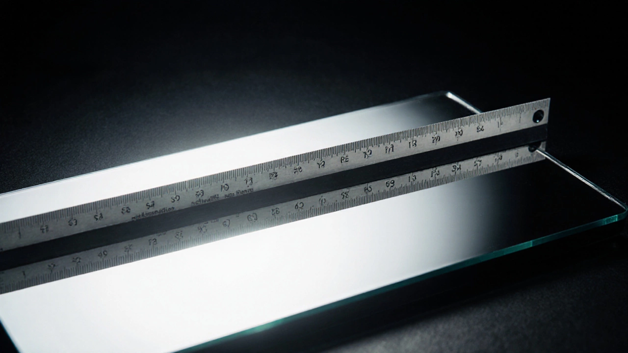 A ruler aligned with its perfect reflection on a flat mirror during a precision test.