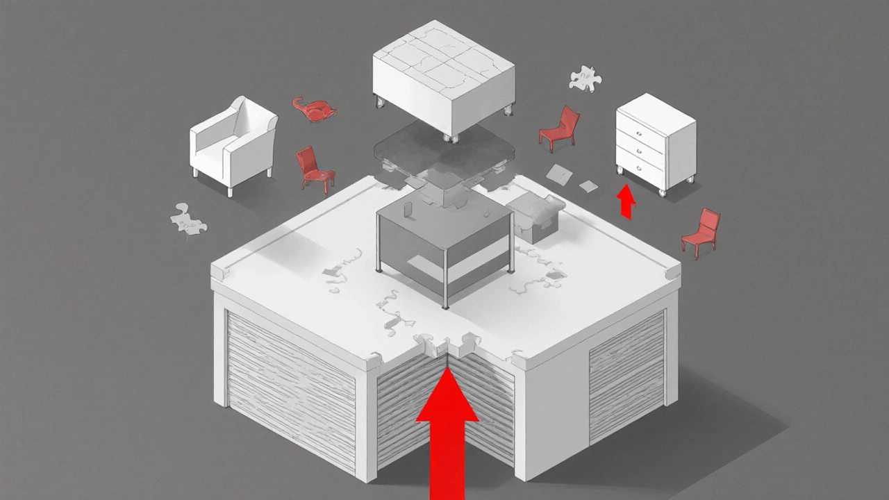 A vertical couch silhouette fitting inside a 5x10 unit outline with furniture icons arranged around it.