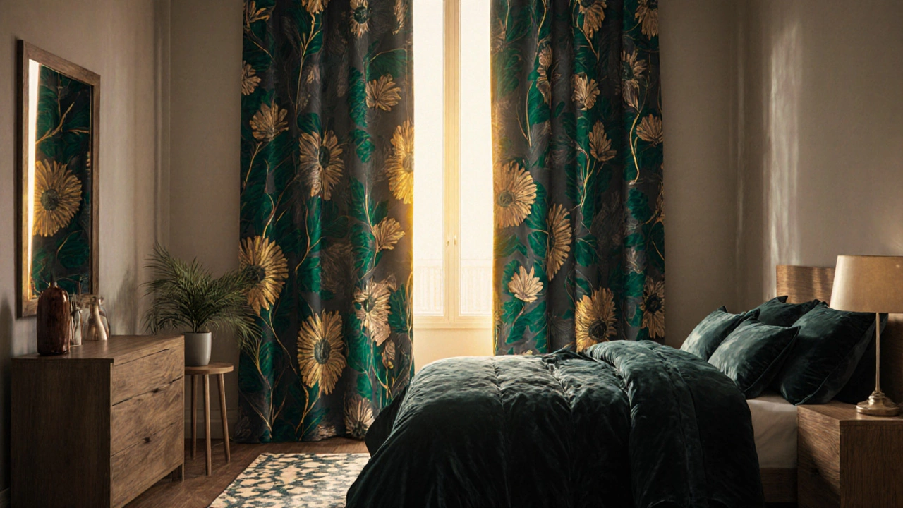 Bedroom with bold emerald and gold botanical patterned curtains as the main focal point.