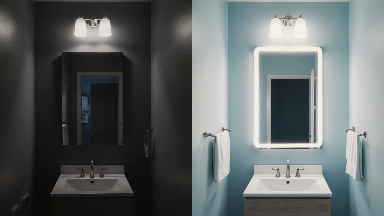 Before‑after split view of a bathroom transformed from dark charcoal to light seafoam blue.