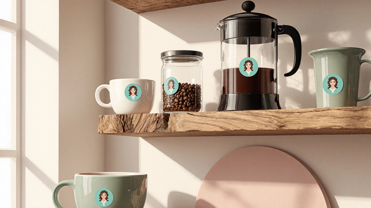 Boutique shelf with coffee items labeled by woman‑coffee emoji stickers.