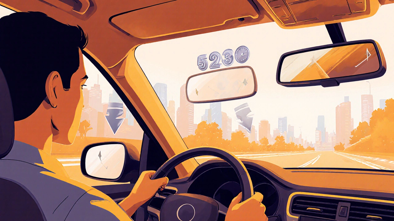 Car interior showing driver glancing at side and rear-view mirrors with subtle timer icons indicating brief checks.
