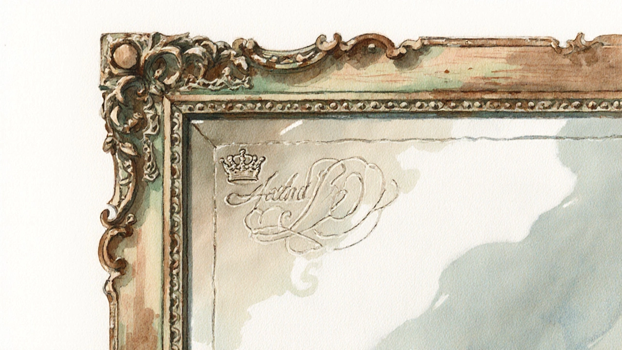 Close-up illustration of a vintage mirror frame showing hand‑tool marks and a recessed backstamp.