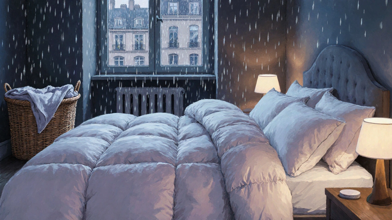Cozy European bedroom with thick duvet, minimal sheets, rain‑strewn window and small laundry basket.