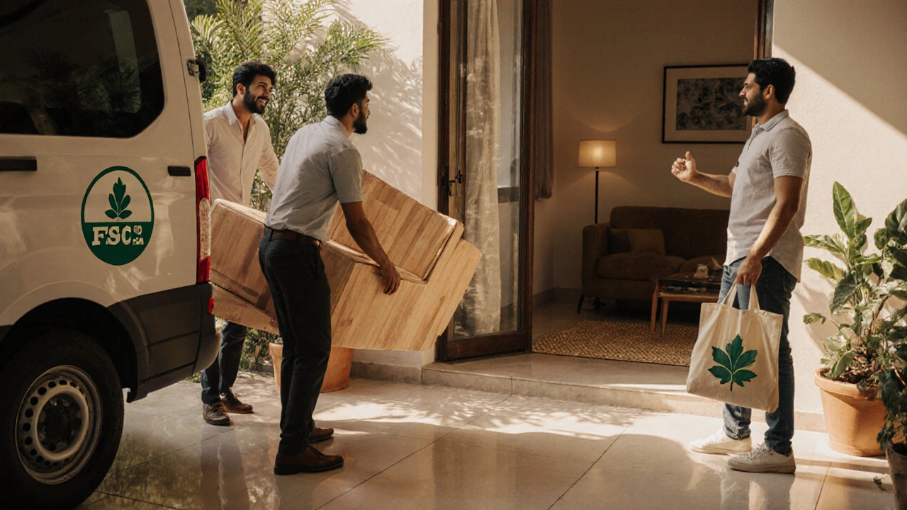 Delivery workers bring an eco-friendly wooden sofa to a happy homeowner.
