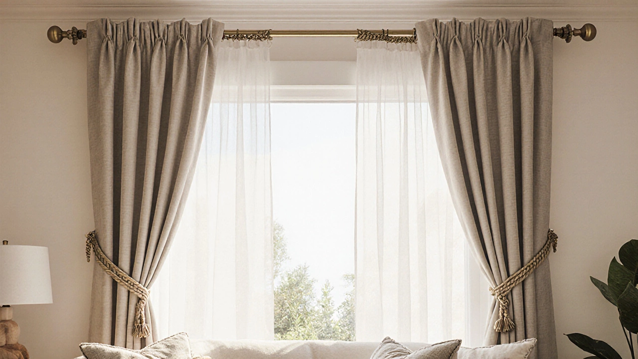Elegant window with pleated curtains, brass rod, and decorative tie‑backs in a stylish living room.