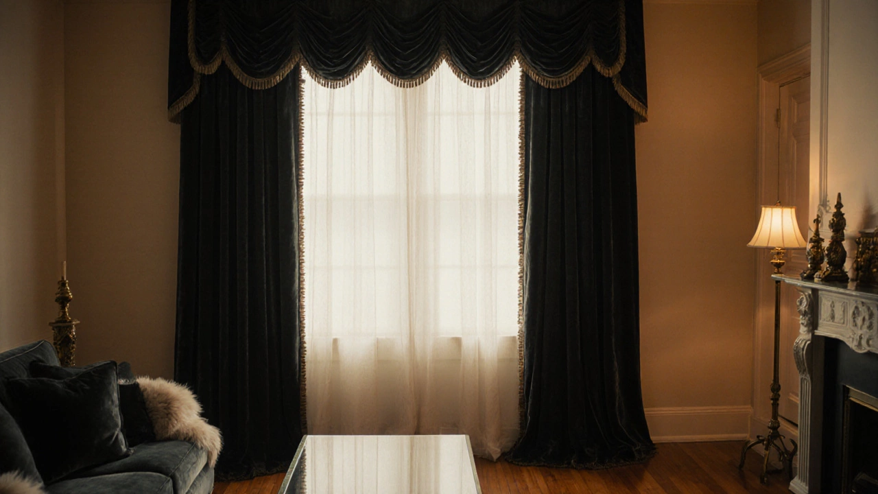 Fully dressed window showing layered curtains, valance and plush ambiance in warm lighting.