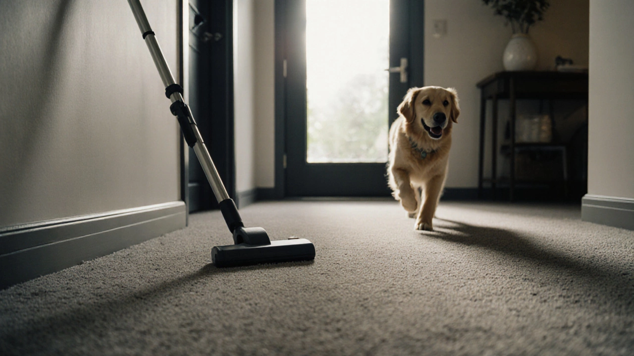 Hallway with gray low‑pile carpet, vacuum cleaner in use, and a golden retriever nearby.