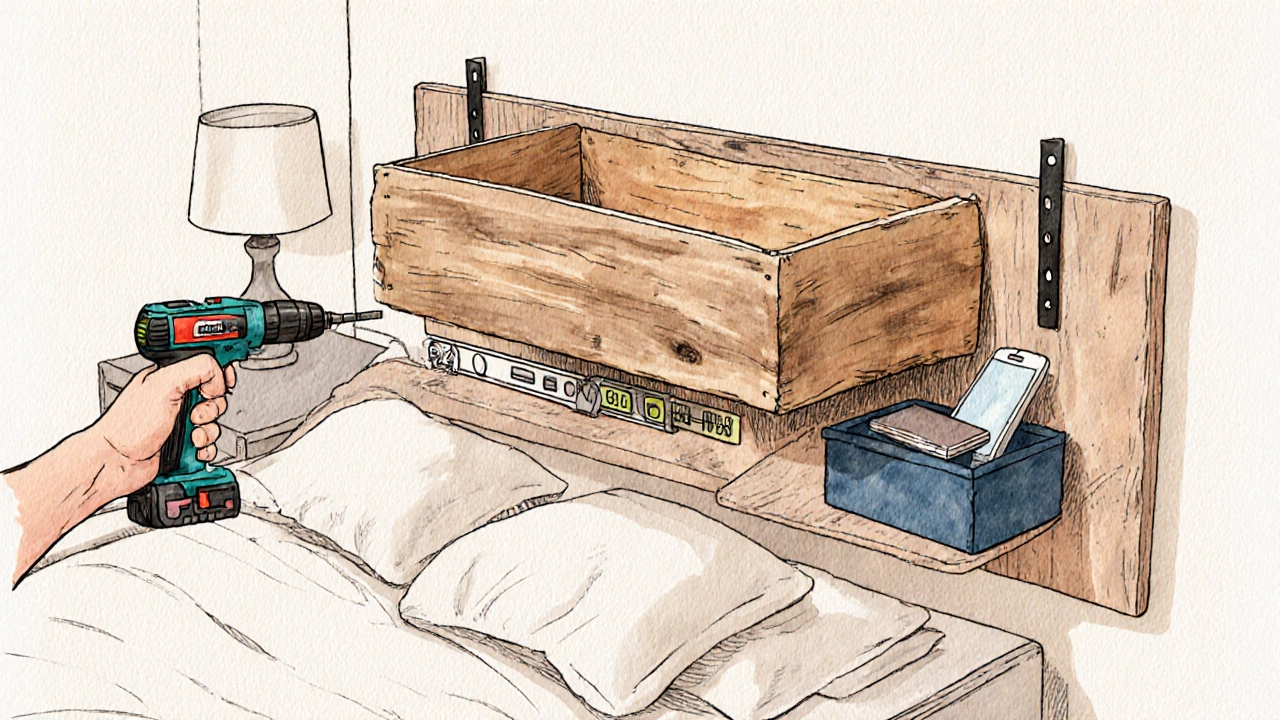 Hand‑drawn scene of installing a floating nightstand behind a headboard with tools.