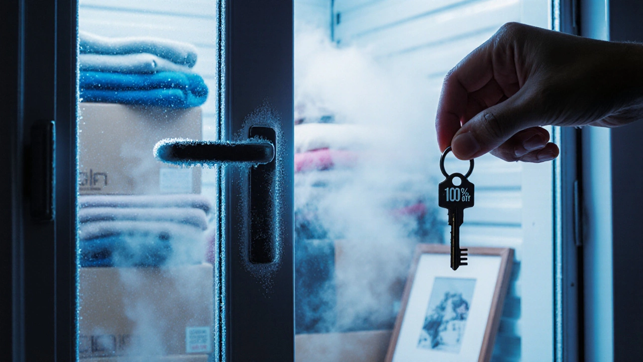 Hand holding a discount key beside a climate-controlled storage unit with steam rising inside.
