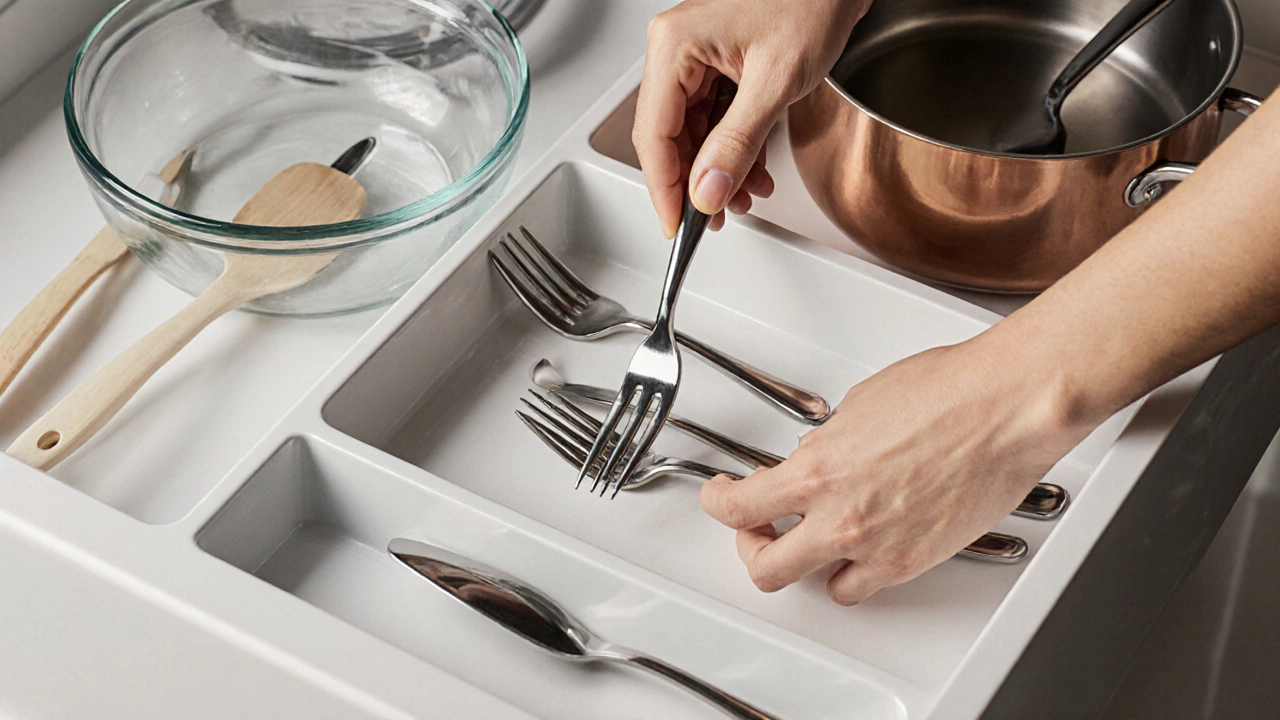 Hand placing stainless steel fork into organized kitchen drawer.