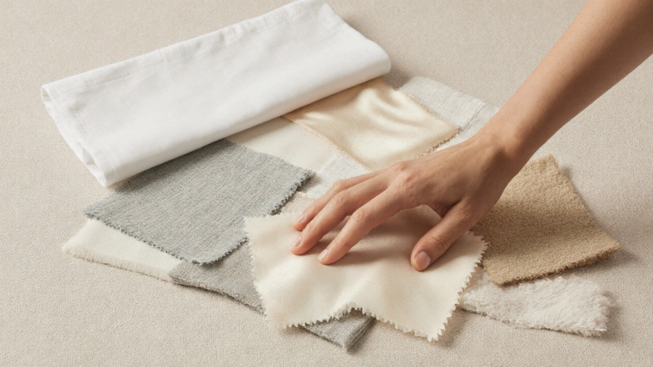 Hand touching fabric swatches of cotton, linen, silk, flannel, microfiber and bamboo.
