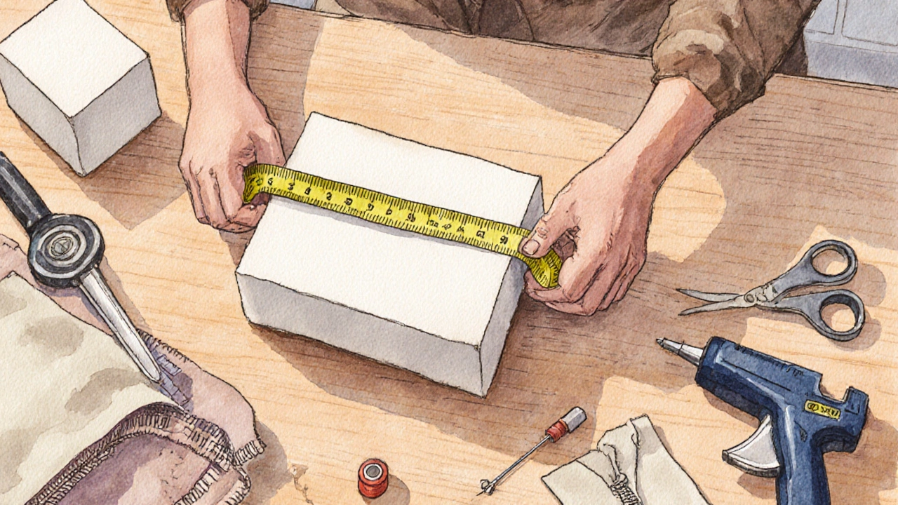 Hands measuring and cutting upholstery foam, sewing fabric and attaching a zipper on a workbench.