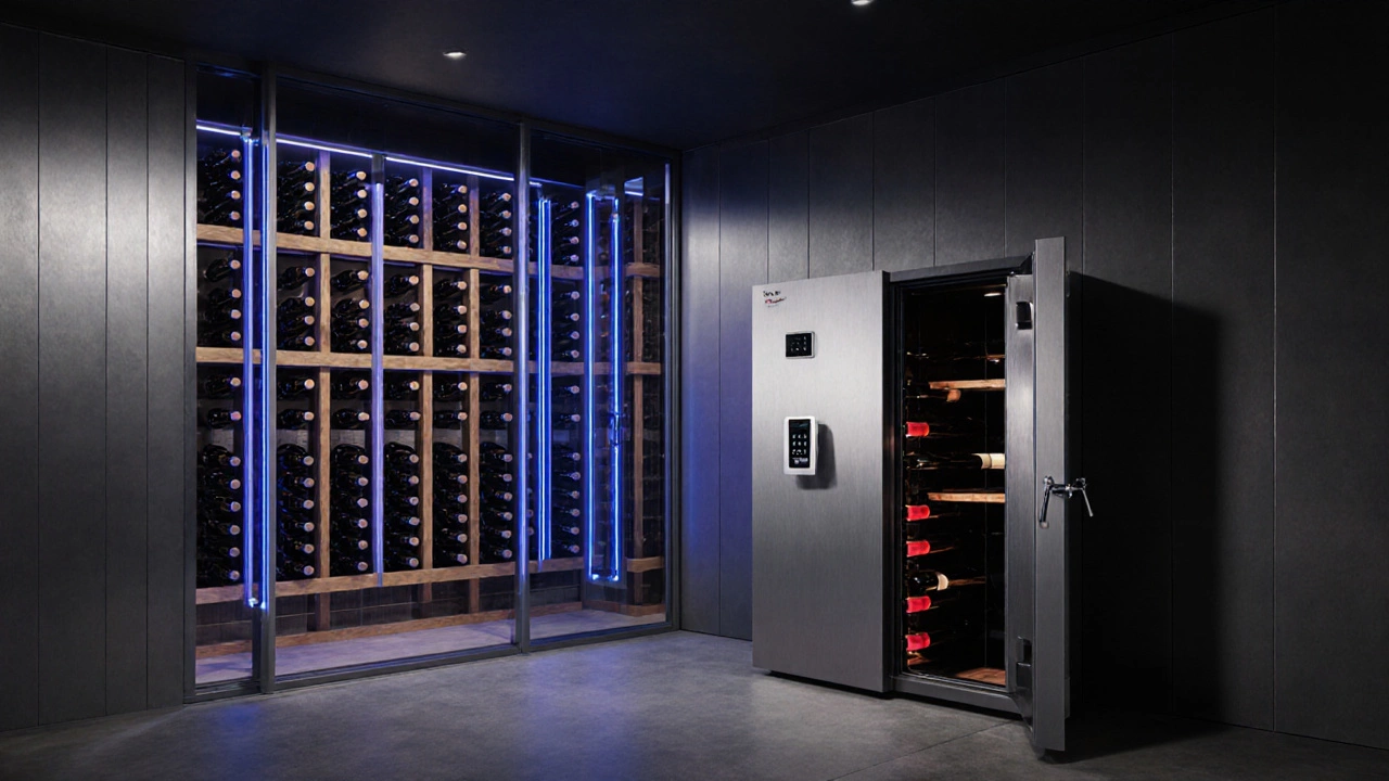 High‑end wine cellar with oak racks, blue LED lighting, and an open high‑security safe.