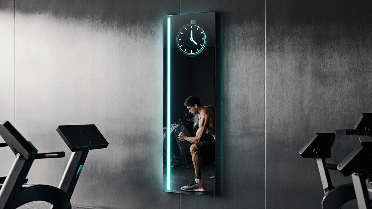 Home gym with a full‑length mirror where a person pauses mid‑lunge to check posture, overlayed by a 30‑second reminder.