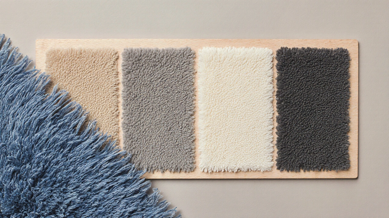 Illustration of five carpet swatches—beige, gray, taupe, ivory, charcoal—with a blue accent rug.