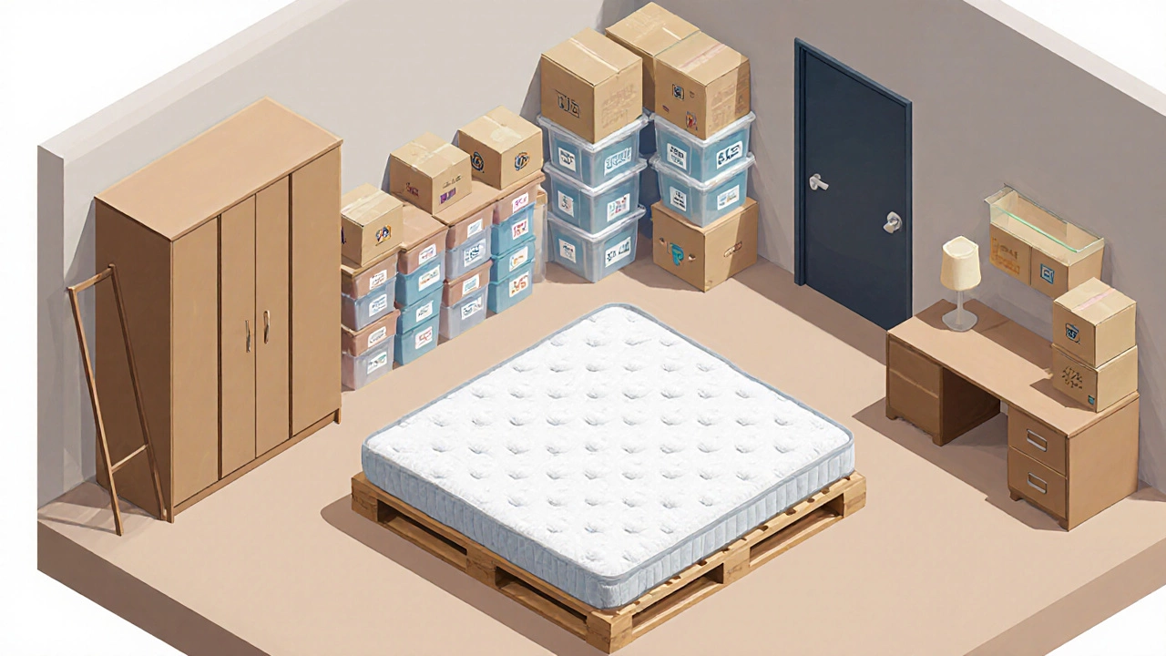 Isometric view of a 5x5 unit packed with mattress, wardrobe, desk, boxes, and stacked bins.
