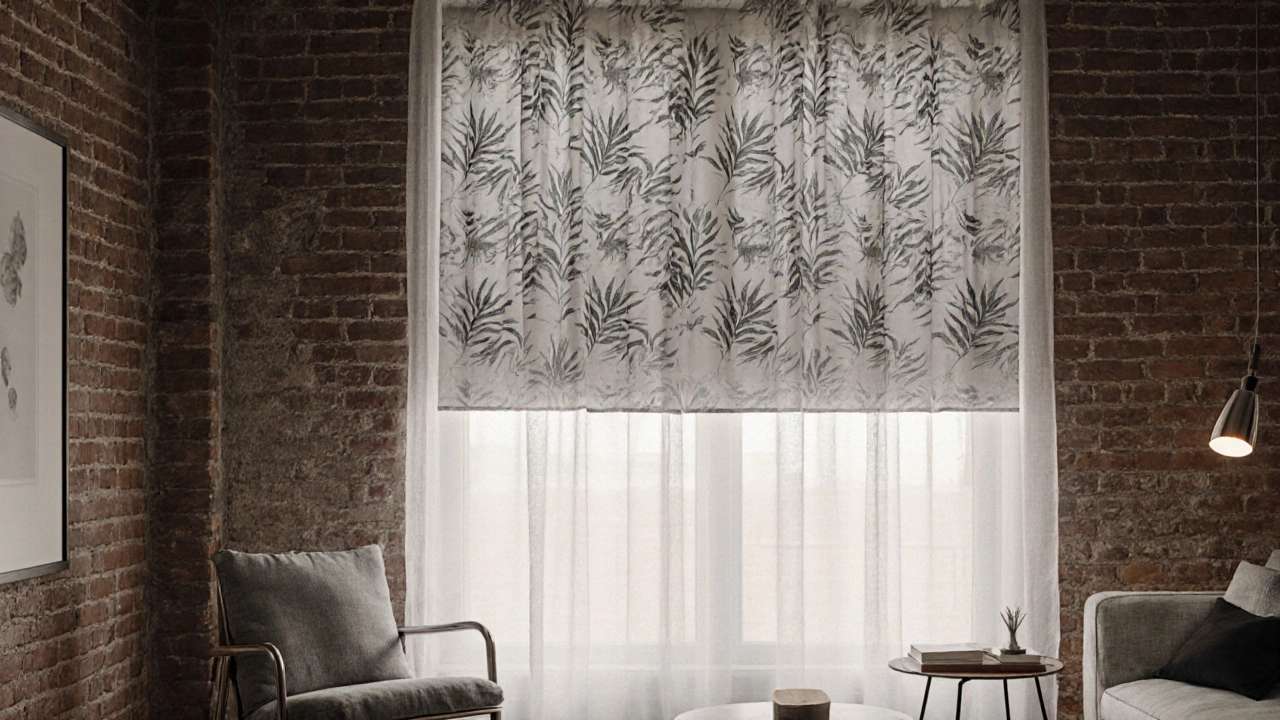 Loft window showing layered sheer linen and charcoal leaf‑patterned curtains with soft daylight.
