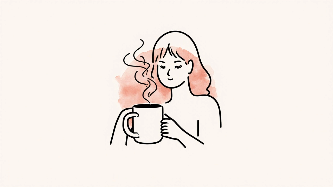 Minimalist line drawing of a woman holding a steaming coffee mug.