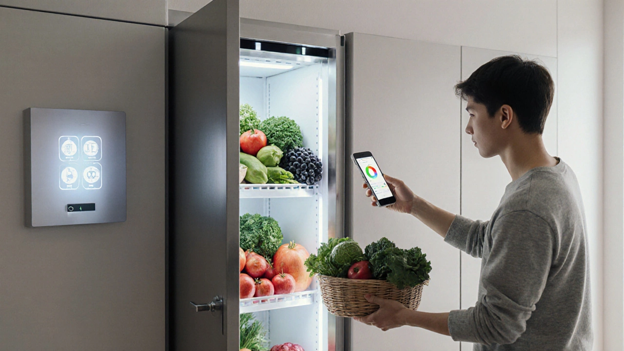 Modern kitchen smart pantry with weight‑sensor shelves, glowing LEDs, and a phone inventory display.