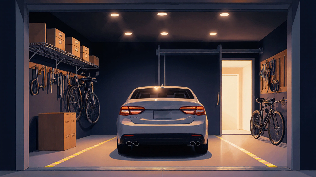 Organized garage with centered car, ceiling storage, wall hooks, and sliding door.