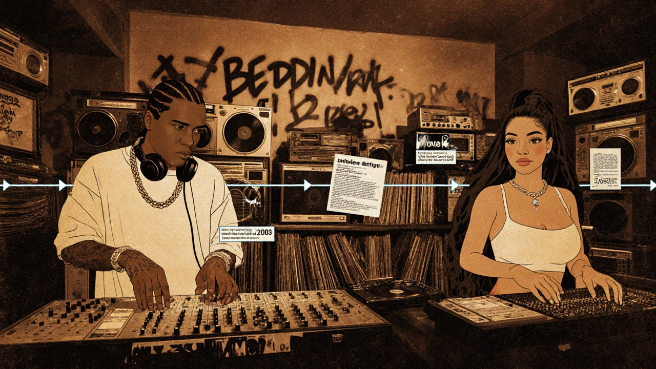 Retro hip‑hop studio collage with silhouettes of Lil Wayne and Cardi B, vinyls and graffiti showing slang origins.