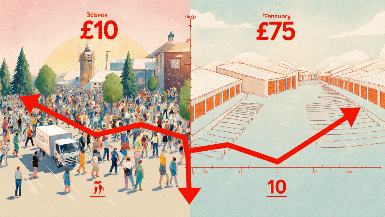 Seasonal price comparison showing summer moving chaos versus winter storage deals.