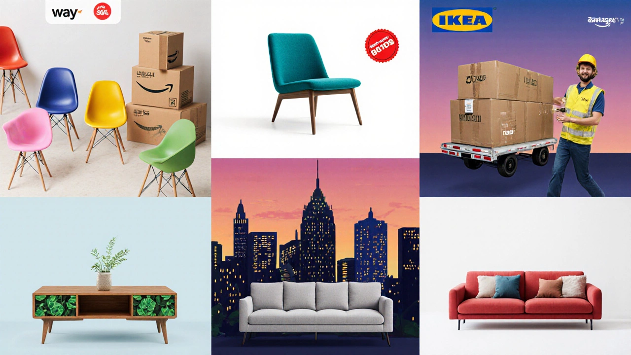 Seven-panel illustration showing different furniture sites with distinct product styles.