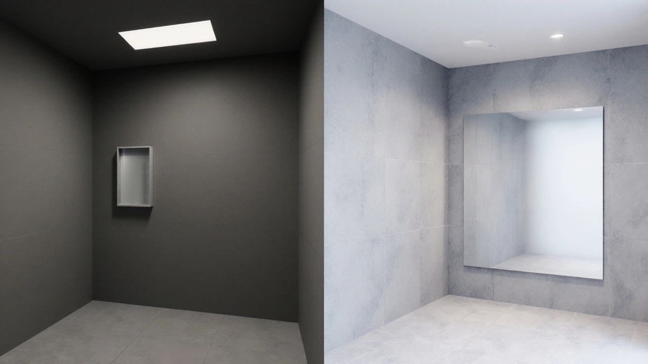 Side‑by‑side view comparing a dark, cramped bathroom to a light‑gray, airy version with a large mirror, showing perceived space increase.