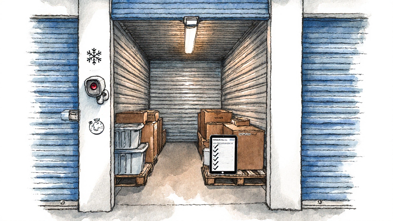 Sketch of a packed unit with inventory tablet, climate control icon, and security camera.