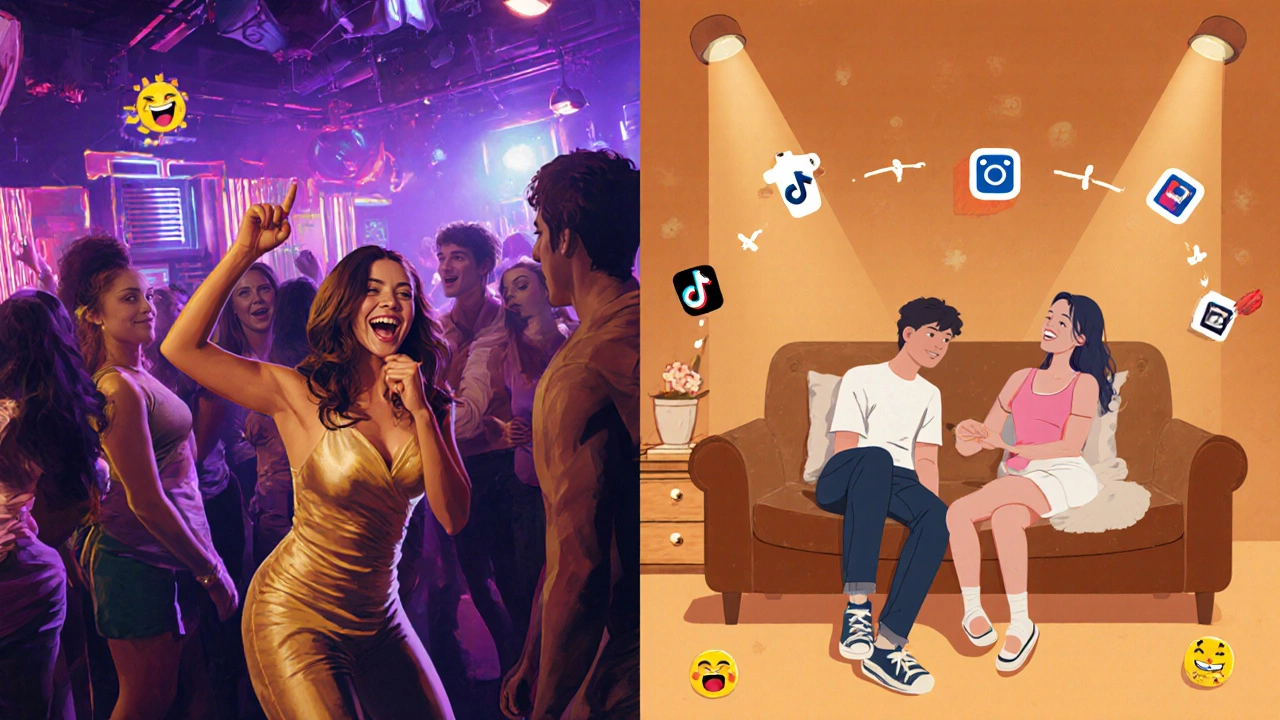 Split scene showing US club bragging versus UK sleep‑over, with social‑media icons hinting at online usage.