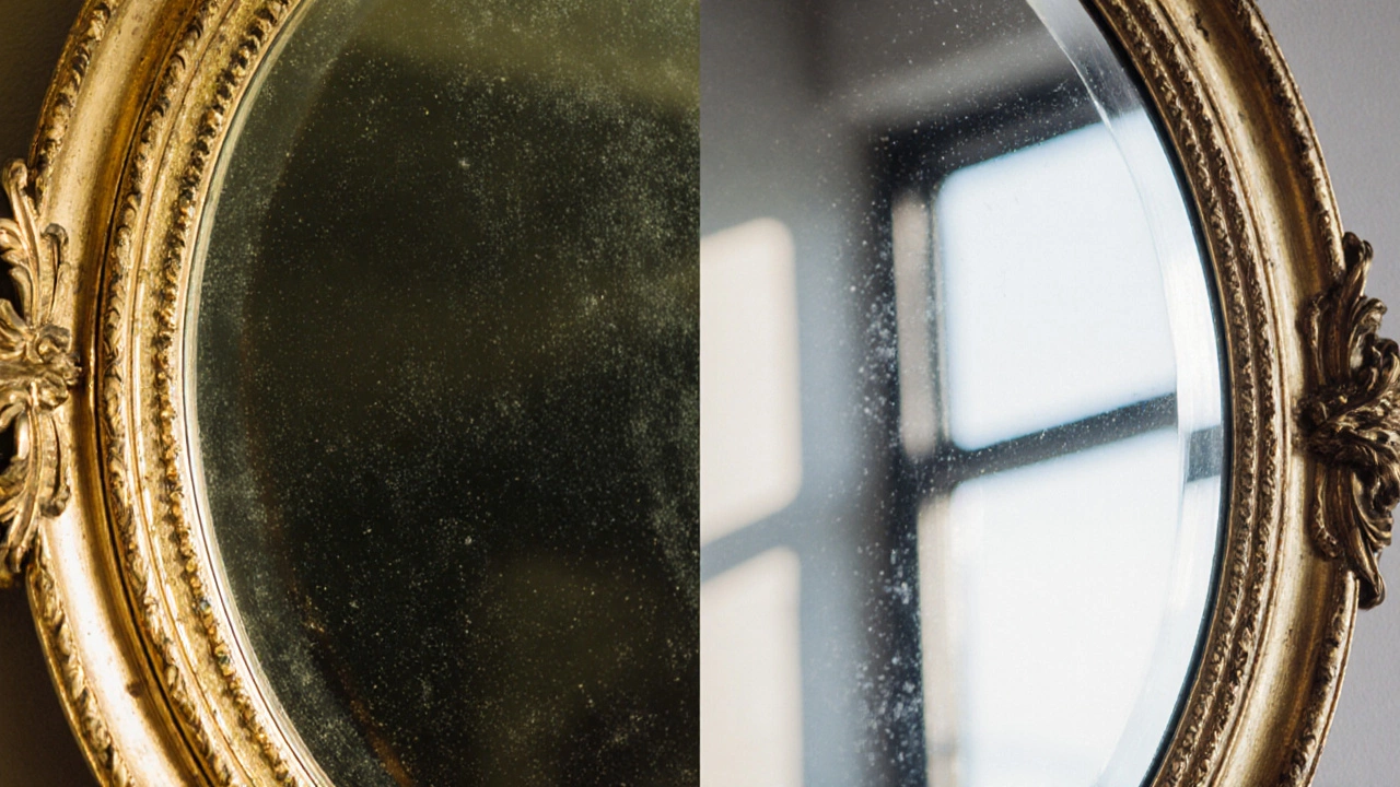Split-screen photo comparing a Victorian gilt mirror to a sleek modern replica.