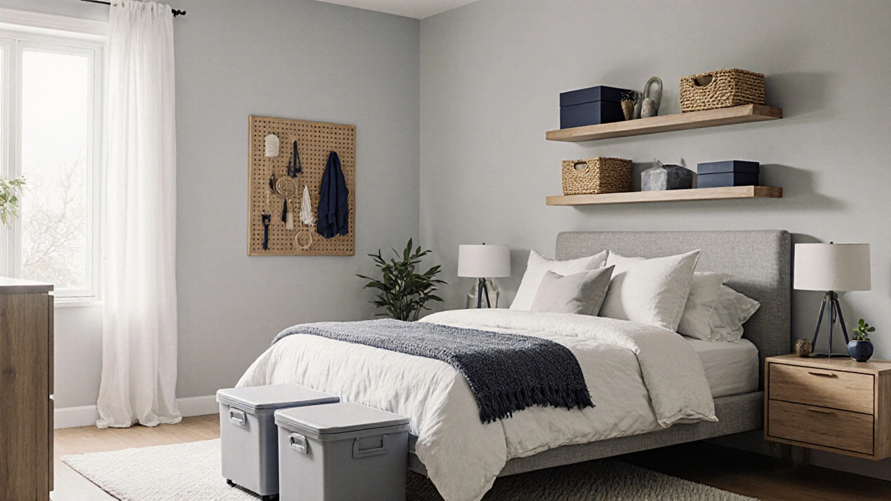 Styled bedroom showing rolled bins, floating nightstand, shelves, and pegboard filling dead space.