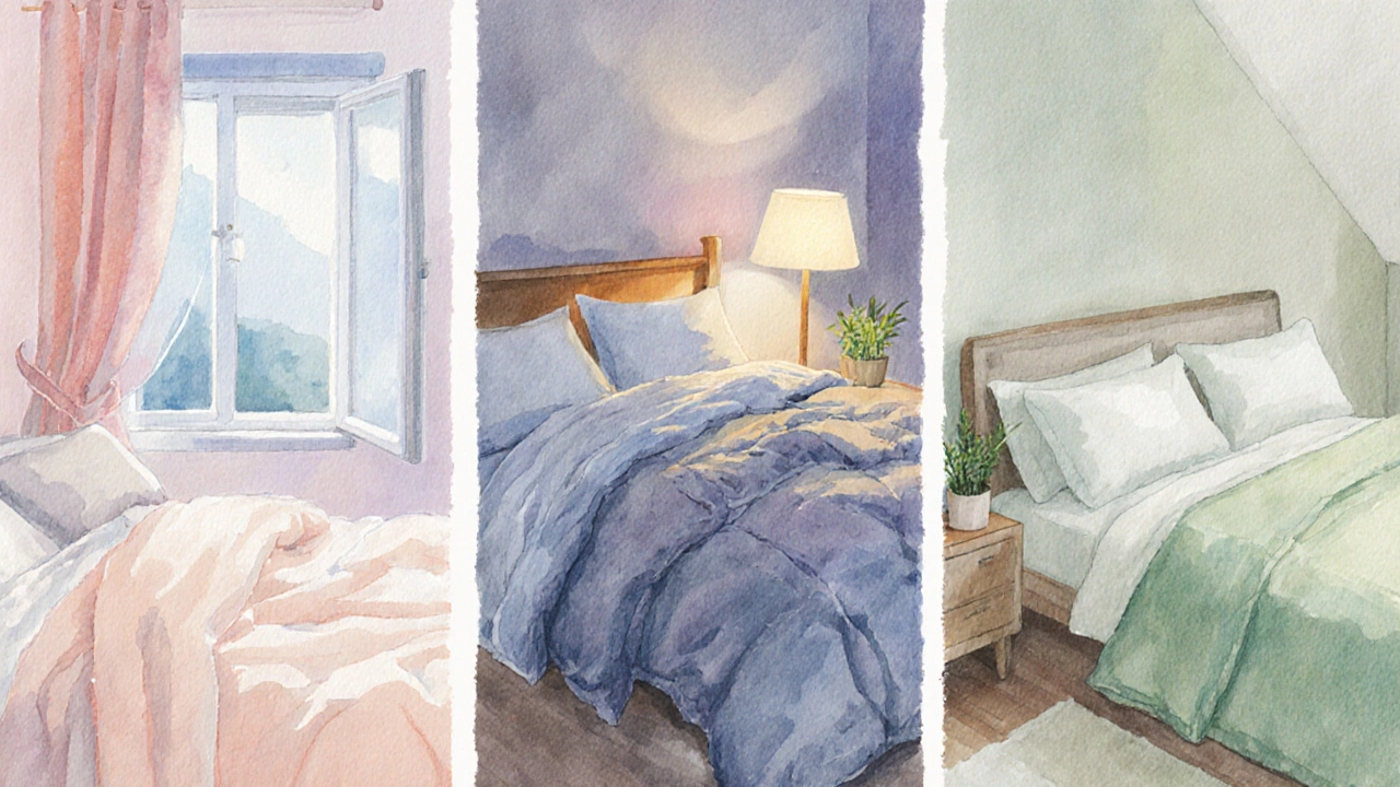 Three bedroom scenes showing bedding for hot, cold, and eco‑friendly sleepers.