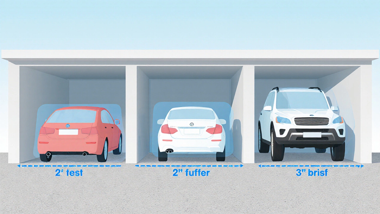 Three different vehicles shown inside the garage with clearance space visualized.