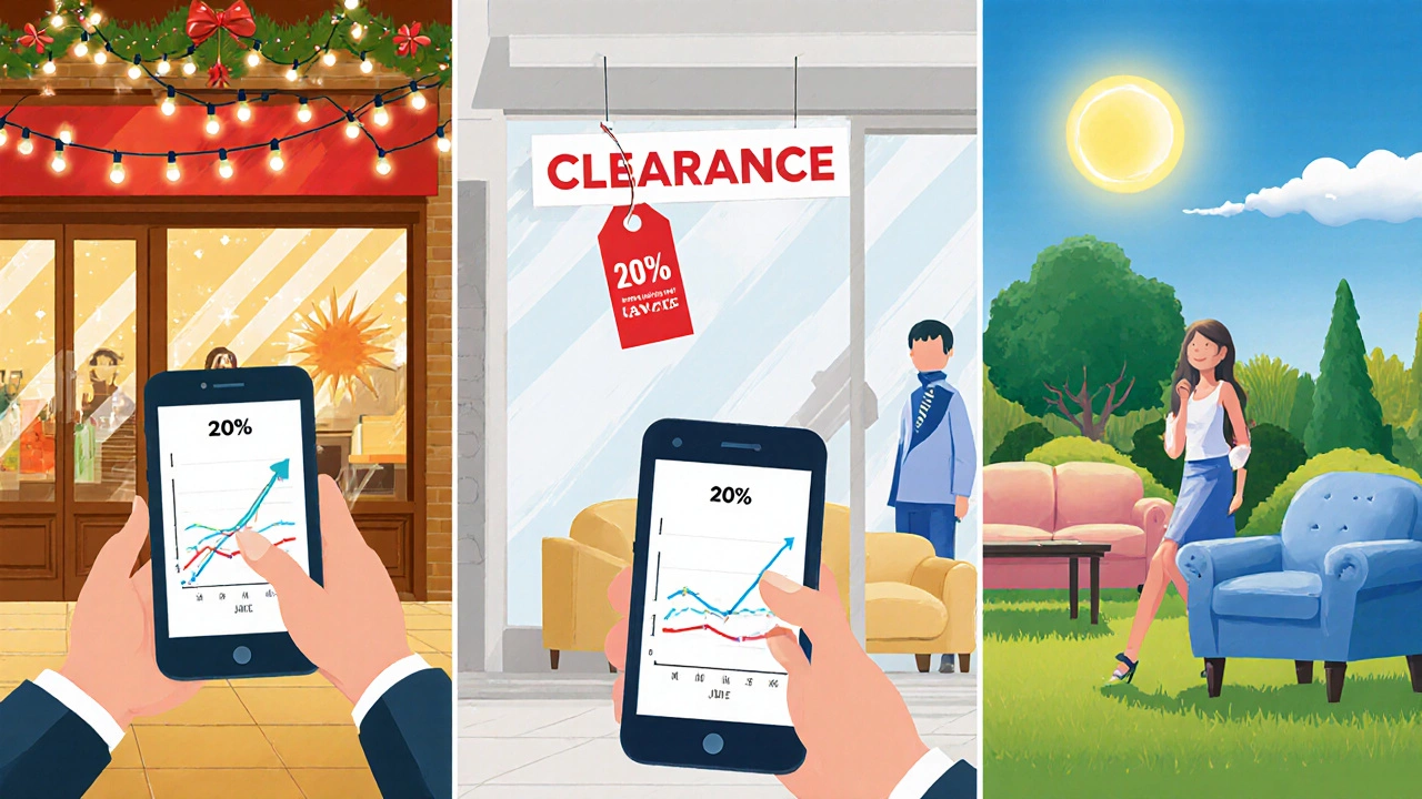 Three seasonal retail scenes showing a sofa with discount cues and a shopper using a phone.