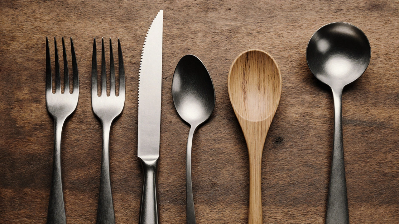 Variety of forks, spoons, knives, and ladle arranged on wooden board.