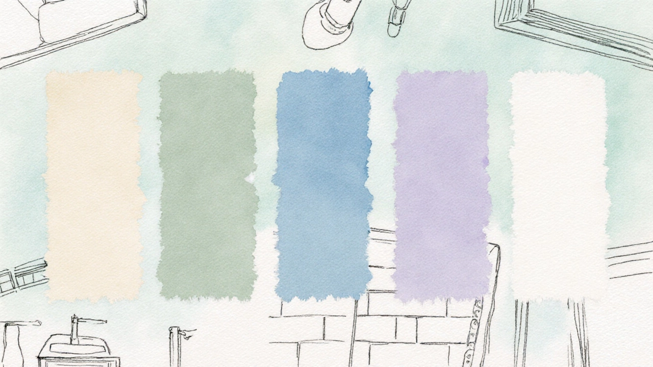 Watercolor palette board showing five paint swatches for tiny bathroom color ideas.