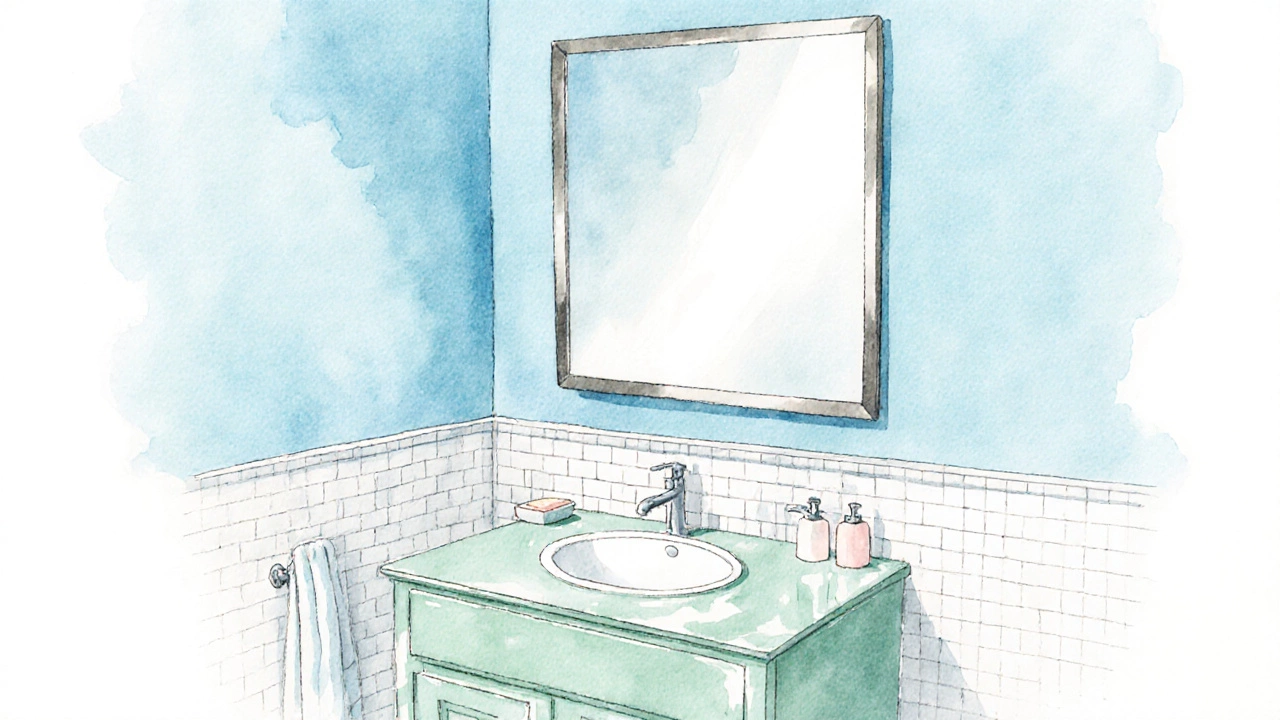 Watercolor scene of a pastel sky‑blue bathroom with mint‑green vanity and glossy tiles, creating a calm, spacious feel.