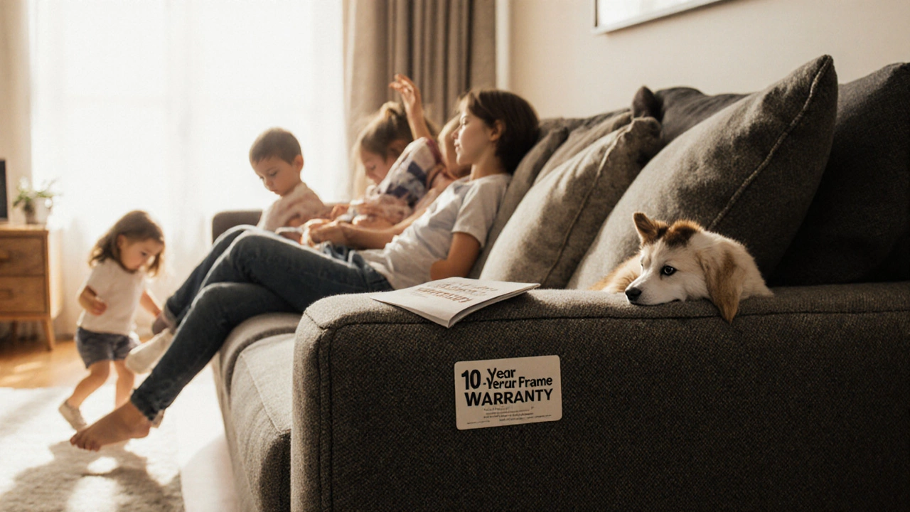 A heavy, durable sofa in use by a family, with a warranty card visible on the armrest.