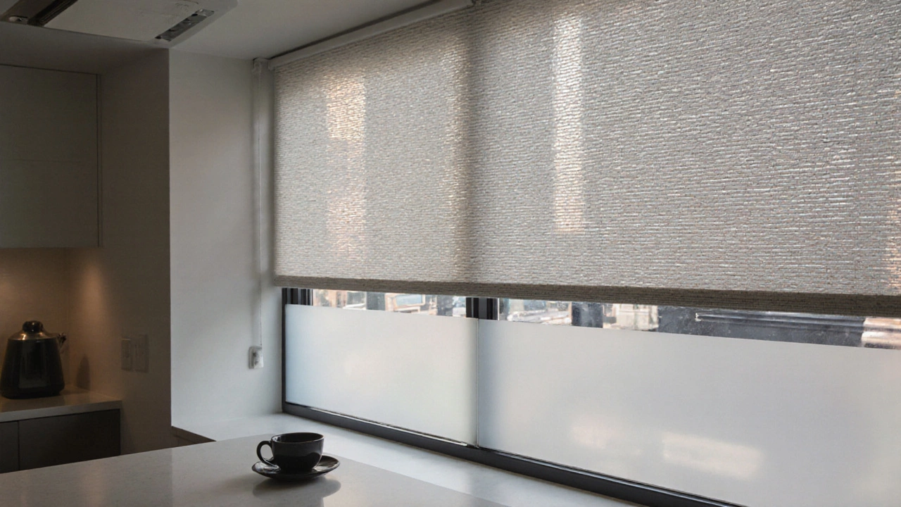 A kitchen window with frosted film on the lower half and clear glass above, allowing natural light while maintaining privacy.