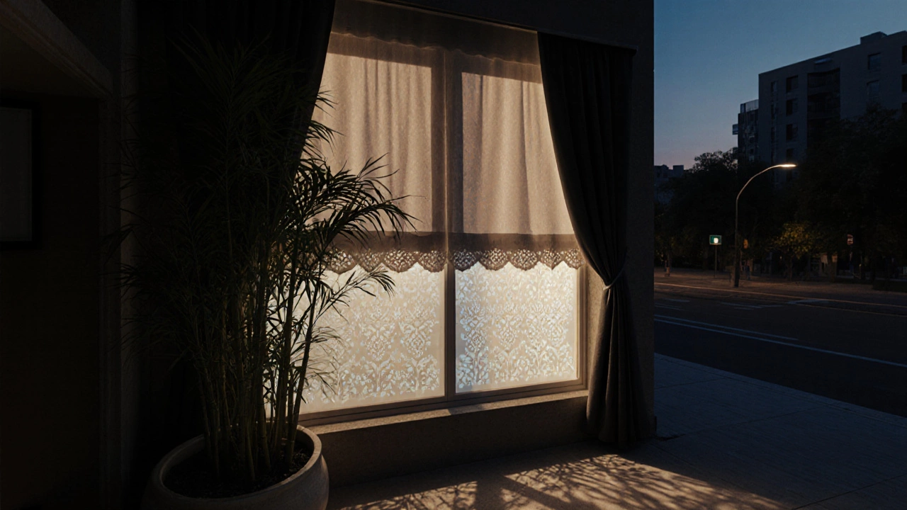 An apartment window at dusk featuring layered curtains and frosted film, with plants softening the view and preserving indoor privacy.