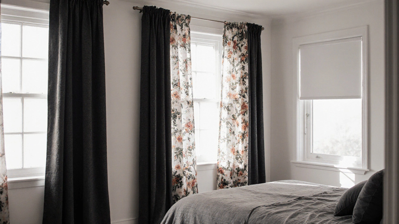 Bedroom with clashing curtain styles—blackout, floral, and blind—creating visual dissonance against neutral walls.