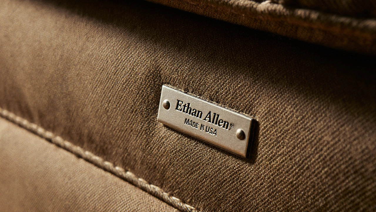 Close-up of a small metal tag on a sofa underside reading &#039;Ethan Allen Made in USA&#039;.