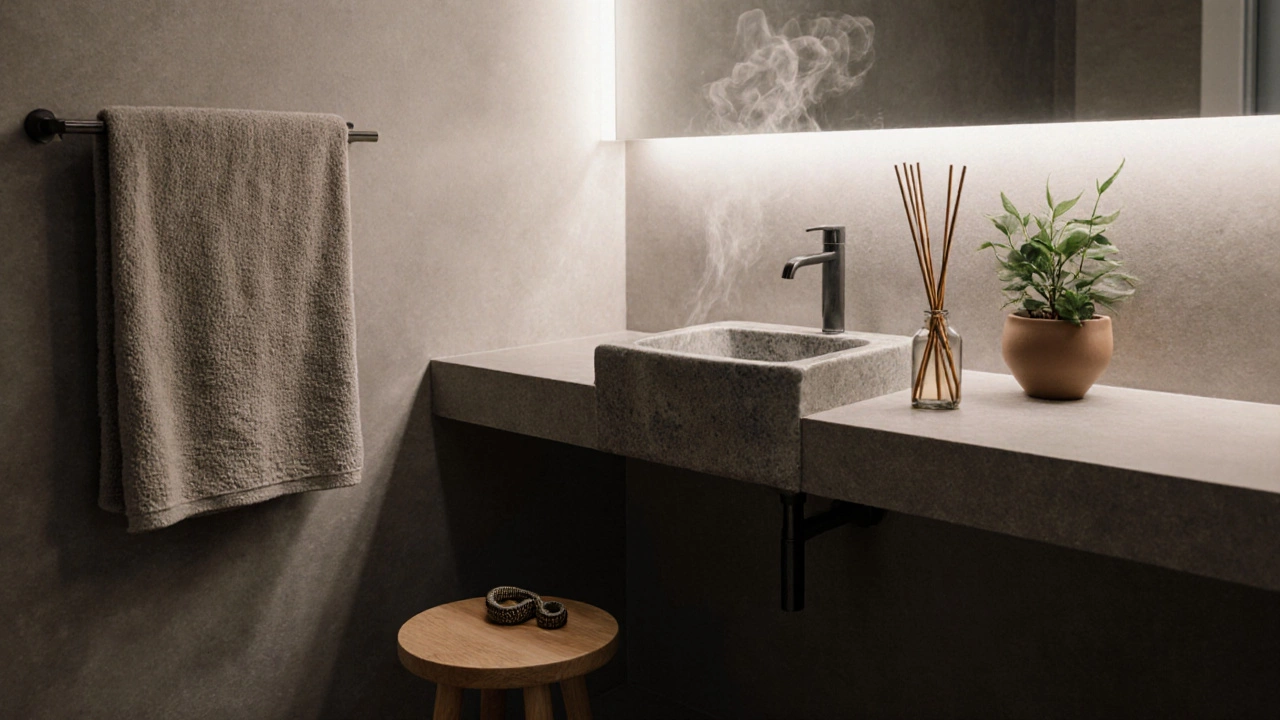 Close-up of ceramic soap dish, bamboo holder, and snake plant on stone sink with gentle glow.
