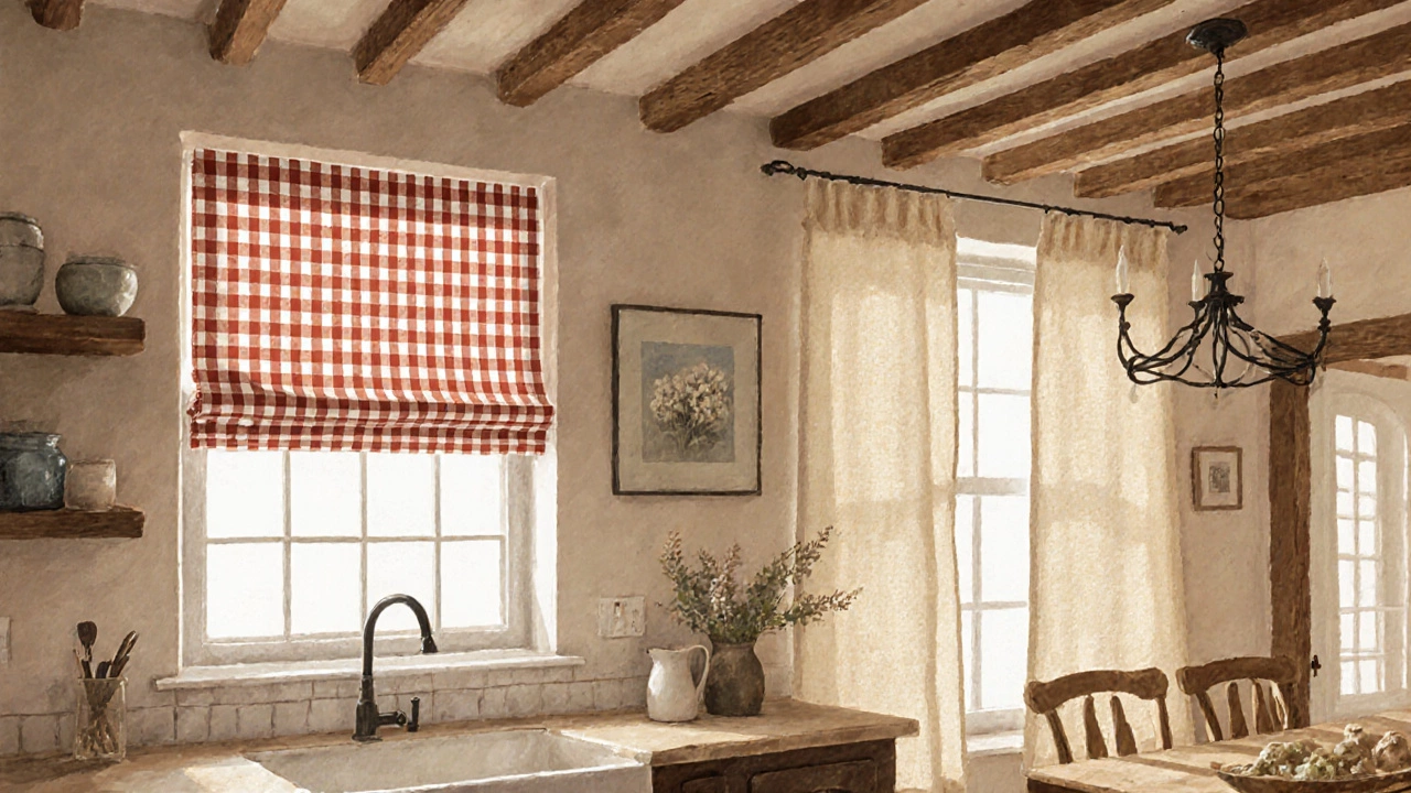 Farmhouse kitchen with gingham and solid cream linen curtains sharing color and texture near a dining area.