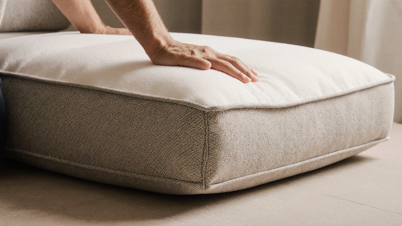 Hand pressing a sofa cushion that springs back quickly, revealing tight stitching and high-quality fabric.
